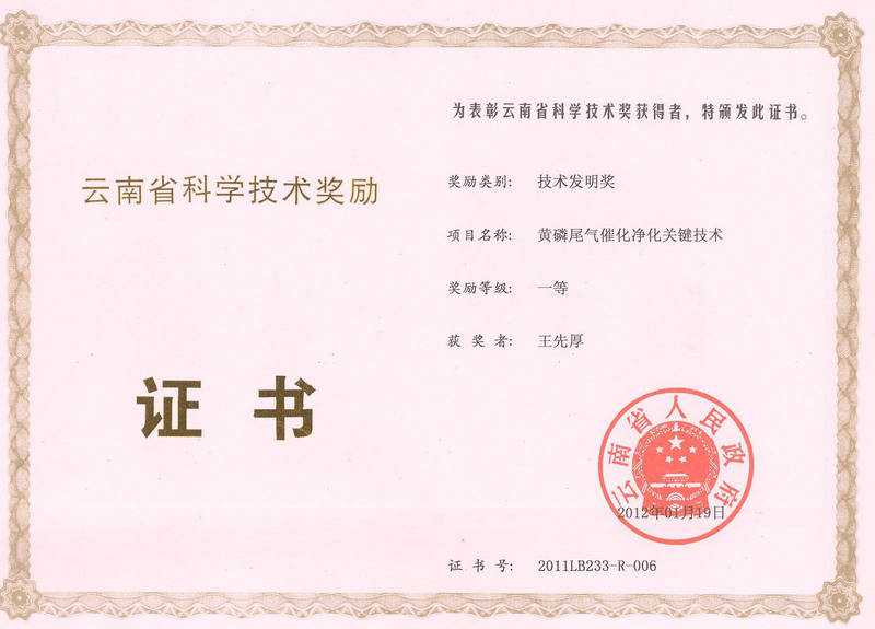 省部級 2012 年黃磷尾氣一等獎